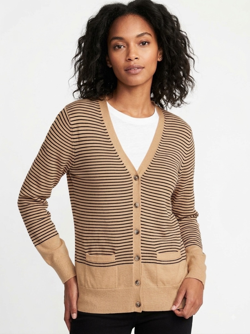 Adam Levine Collection Beige Cream Cardigan with Black Stripes